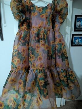 6X Selkie Floral Sunflower Print Dress - Yellow Green Pink